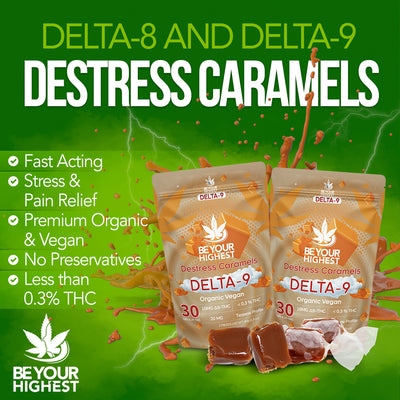 Destress & Elevate Organic Vegan Caramels 2:1 CBD Hemp Derived Δ9-THC (4-Piece)